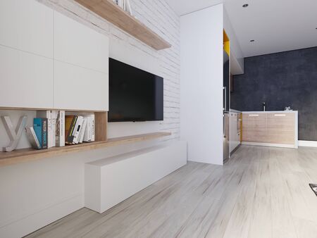 A TV unit with a TV and bookshelves. white decorative brick wall. Wood texture and matt white lockers. 3D rendering.の写真素材