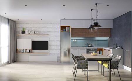 small studio apartment with kitchen, dining room and living room with sofa. Interior in blue and white colors and wooden elements. 3D rendering.の写真素材