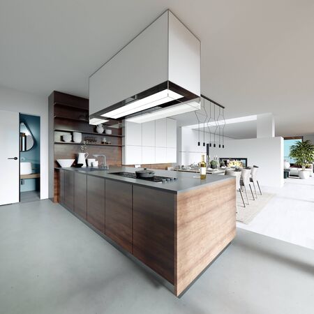Large kitchen in a modern Scandinavian style, white and wooden furniture facade. Large kitchen island with a hood over it. 3D rendering.の写真素材
