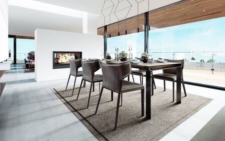 Design dining table set in the kitchen. Contemporary style. 3D renderingの写真素材