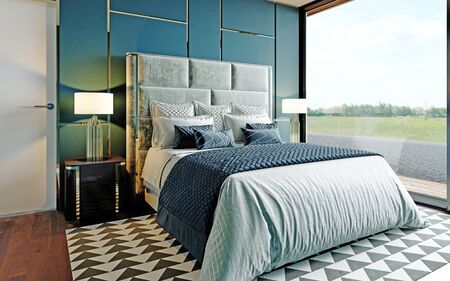 Designer bedroom in blue and white with brown parquet and a large panoramic window with a view. 3D rendering.の写真素材