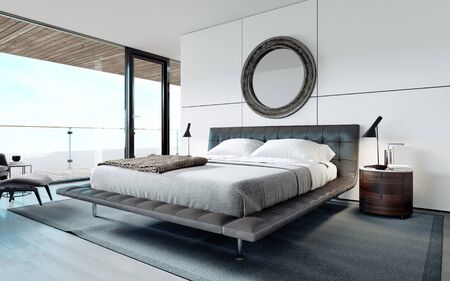 Modern designer bedroom in Scandinavian style, wardrobe, round mirror, panoramic window from floor to ceiling. 3D rendering.の写真素材
