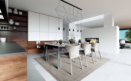 Design dining table set in the kitchen. Contemporary style. 3D renderingの写真素材