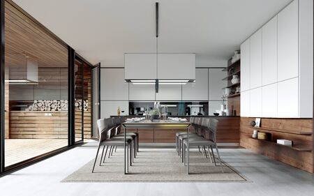 Design dining table set in the kitchen. Contemporary style. 3D renderingの写真素材