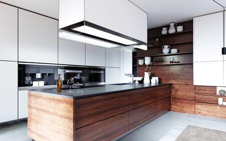 Large kitchen in a modern Scandinavian style, white and wooden furniture facade. Large kitchen island with a hood over it. 3D rendering.の写真素材