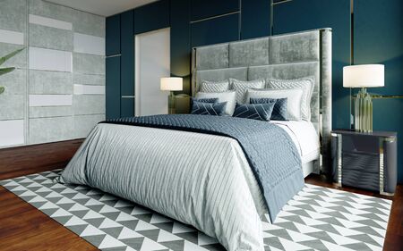 Designer bedroom in blue and white with brown parquet and a large panoramic window with a view. 3D rendering.の写真素材