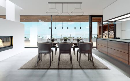 Design dining table set in the kitchen. Contemporary style. 3D renderingの写真素材