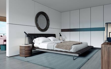 Modern designer bedroom in Scandinavian style, wardrobe, round mirror, panoramic window from floor to ceiling. 3D rendering.の写真素材