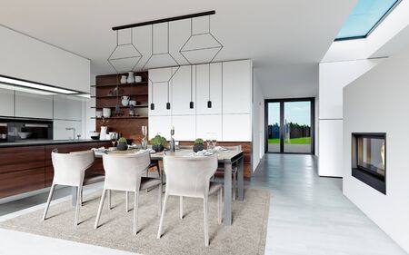 Design dining table set in the kitchen. Contemporary style. 3D renderingの写真素材