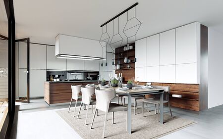 Design dining table set in the kitchen. Contemporary style. 3D renderingの写真素材