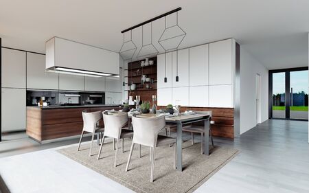 Design dining table set in the kitchen. Contemporary style. 3D renderingの写真素材