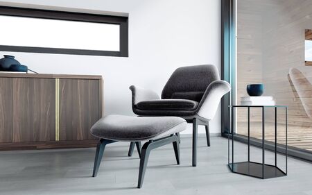 Wooden designer chest of drawers with bronze handles and an adjacent armchair. Contemporary style, panoramic window. 3D rendering.の写真素材