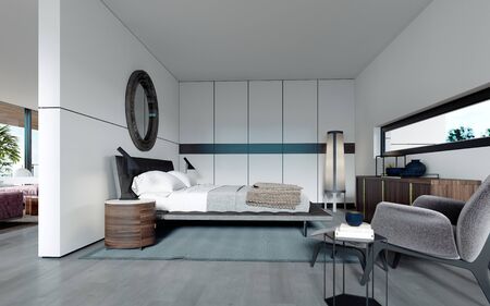 Modern designer bedroom in Scandinavian style, wardrobe, round mirror, panoramic window from floor to ceiling. 3D rendering.の写真素材
