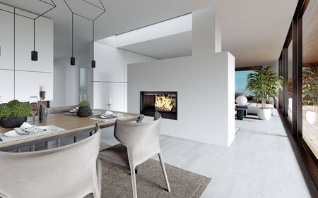 Modern fireplace with live fire between the living room and dining room. Design style of contemporary. 3D rendering.の写真素材