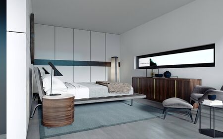 Modern designer bedroom in Scandinavian style, wardrobe, round mirror, panoramic window from floor to ceiling. 3D rendering.の写真素材