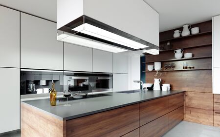 Large kitchen in a modern Scandinavian style, white and wooden furniture facade. Large kitchen island with a hood over it. 3D rendering.の写真素材
