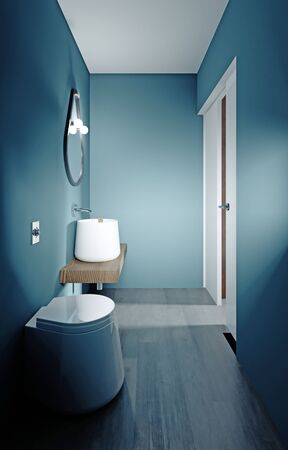 Modern small guest toilet with blue walls, traditional design. 3D rendering.の写真素材