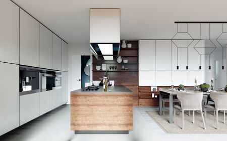 Large kitchen in a modern Scandinavian style, white and wooden furniture facade. Large kitchen island with a hood over it. 3D rendering.の写真素材