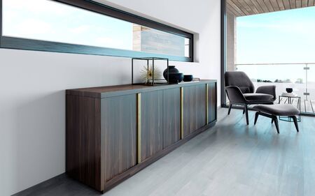 Wooden designer chest of drawers with bronze handles and an adjacent armchair. Contemporary style, panoramic window. 3D rendering.の写真素材