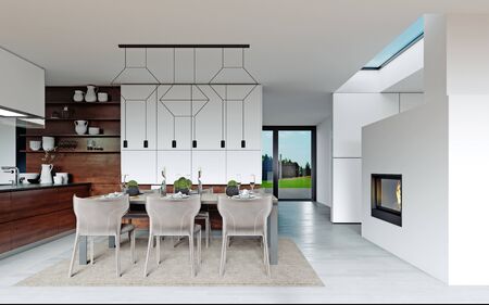 Design dining table set in the kitchen. Contemporary style. 3D renderingの写真素材