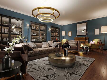 A modern eclectic living room in dark colors, with a soft leather sofa and an armchair. Black bookcase built-in wardrobe. 3D renderingの写真素材