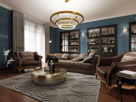 A modern eclectic living room in dark colors, with a soft leather sofa and an armchair. Black bookcase built-in wardrobe. 3D renderingの写真素材