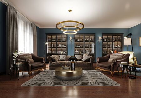 A modern eclectic living room in dark colors, with a soft leather sofa and an armchair. Black bookcase built-in wardrobe. 3D renderingの写真素材
