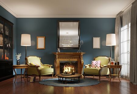 Relaxation area of the classic-style living room with wooden armchairs with light green leather upholstery. Luxurious carved wood fireplace. Deep blue walls. 3D rendering.の写真素材