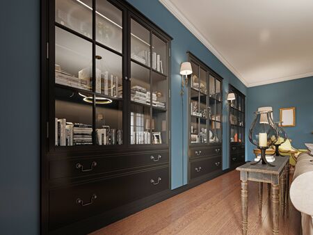 Bookcases built into the wall, with books in the classic living room. Wooden console by the sofa with decor. Black furniture and sconces on the wall. 3D rendering.の写真素材