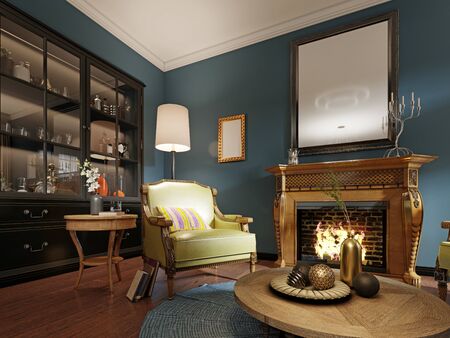 Luxurious designer chair with wooden legs and leather green leather with multi-colored pillow. Classic armchair by the wooden fireplace. 3D rendering.の写真素材