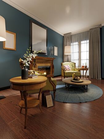 Relaxation area of the classic-style living room with wooden armchairs with light green leather upholstery. Luxurious carved wood fireplace. Deep blue walls. 3D rendering.の写真素材