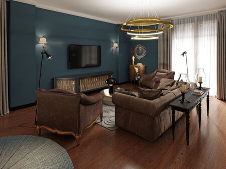 TV lounge area in an eclectic living room with a soft sofa and two armchairs in brown colors. TV unit with a golden facade. The darkened atmosphere of the interior. 3D rendering.の写真素材