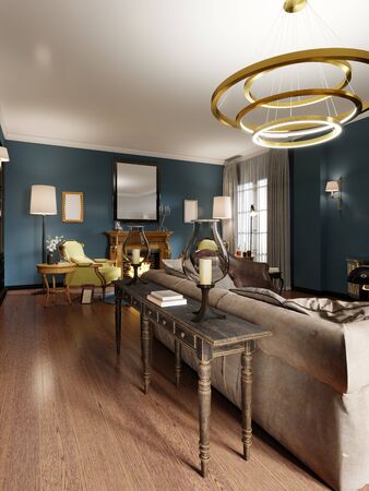 Wooden antique classic console by the sofa, console with decor. The classic interior of the living room. 3D rendering.の写真素材