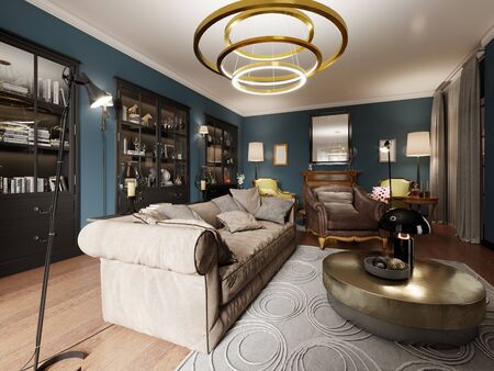 A modern eclectic living room in dark colors, with a soft leather sofa and an armchair. Black bookcase built-in wardrobe. 3D renderingの写真素材