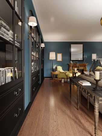 Bookcases built into the wall, with books in the classic living room. Wooden console by the sofa with decor. Black furniture and sconces on the wall. 3D rendering.の写真素材