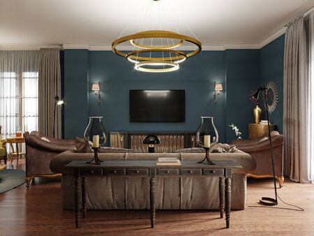 Frontal view of a wooden classic console with a sofa and TV on a blue wall with luminous sconces....