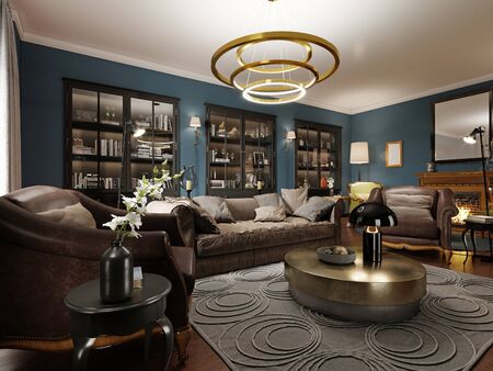 A modern eclectic living room in dark colors, with a soft leather sofa and an armchair. Black bookcase built-in wardrobe. 3D renderingの写真素材