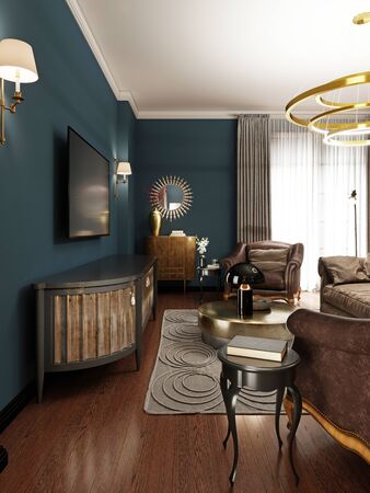 TV lounge area in an eclectic living room with a soft sofa and two armchairs in brown colors. TV unit with a golden facade. The darkened atmosphere of the interior. 3D rendering.の写真素材