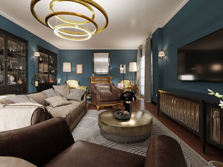 A modern eclectic living room in dark colors, with a soft leather sofa and an armchair. Black bookcase built-in wardrobe. 3D renderingの写真素材