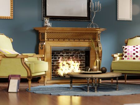Relaxation area of the classic-style living room with wooden armchairs with light green leather upholstery. Luxurious carved wood fireplace. Deep blue walls. 3D rendering.の写真素材