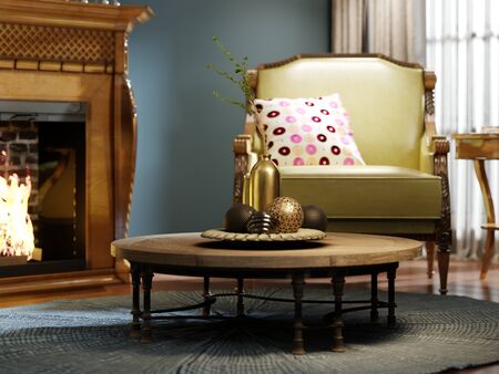Luxurious designer chair with wooden legs and leather green leather with multi-colored pillow. Classic armchair by the wooden fireplace. 3D rendering.の写真素材