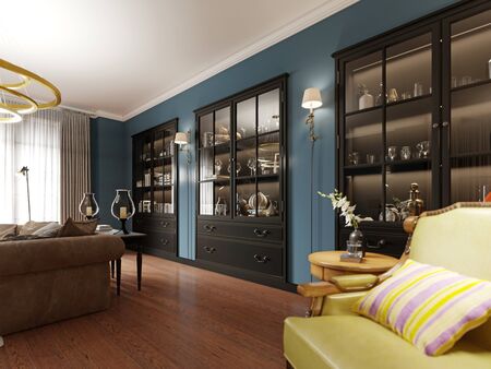 Bookcases built into the wall, with books in the classic living room. Wooden console by the sofa with decor. Black furniture and sconces on the wall. 3D rendering.の写真素材