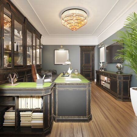 Classic interior study cabinet with a study table, bookcase with shelves and a leather sofa. English style, black and green color. 3D rendering.の写真素材
