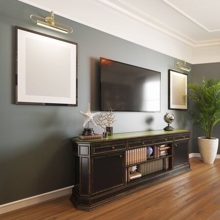 TV unit with shelves and books, with a TV on the wall above, in the study. Two backlit paintings and a large flowerpot near. 3D rendering.の写真素材