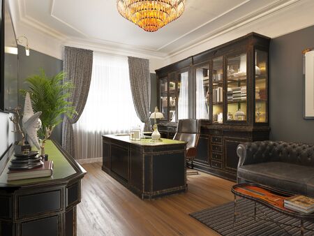 Classic interior study cabinet with a study table, bookcase with shelves and a leather sofa. English style, black and green color. 3D rendering.の写真素材