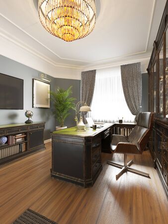Classic interior study cabinet with a study table, bookcase with shelves and a leather sofa. English style, black and green color. 3D rendering.の写真素材