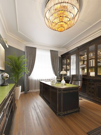 Classic interior study cabinet with a study table, bookcase with shelves and a leather sofa. English style, black and green color. 3D rendering.の写真素材