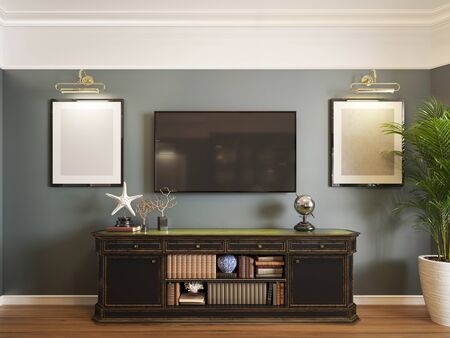 TV unit with shelves and books, with a TV on the wall above, in the study. Two backlit paintings and a large flowerpot near. 3D rendering.の写真素材