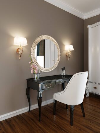 Dressing classic table, black, in the bedroom. 3D rendering.の写真素材