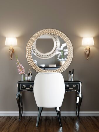 Dressing classic table, black, in the bedroom. 3D rendering.の写真素材